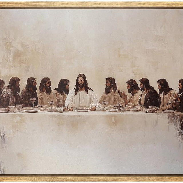 MUDECOR Framed Canvas Print Wall Art Biblical-Inspired Last Meal Scene Neutral Religious with Jesus and Disciples Illustrations Fine Art Decorative Farmhouse Retro for Bedroom - 24"x36" Natural