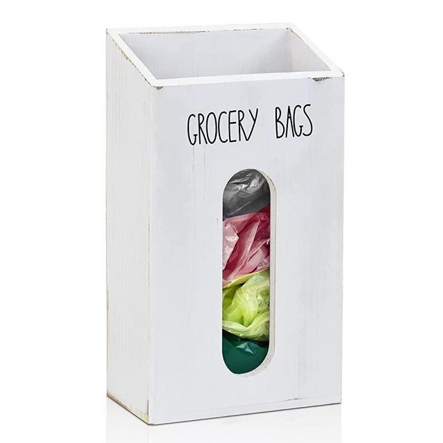 Farmhouse Wooden Grocery Plastic Bag Holder and Dispenser, Wall Mount Plastic Bag Holder with Extra-Wide & Easy-Access Openings, Garbage Bag Dispenser Anti-Fingerprint Rustic White Finish Bags Saver