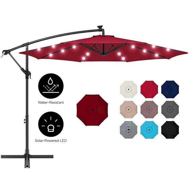 Best Choice Products 10ft Solar LED Offset Hanging Market Patio Umbrella for Backyard, Poolside, Lawn and Garden w/Easy Tilt Adjustment, Polyester Shade, 8 Ribs - Burgundy