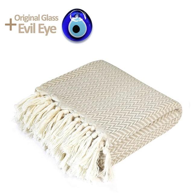 LUXURY Throw Blanket Decorative LightWeight With Fringe 100% COTTON |40”x71”| For Chair Couch, Boho Farmhouse Rustic Decor Turkish Towel + Evil Eye Beach Bath Spa Gym Yoga Picnic| white cream chevron