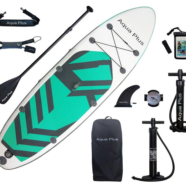 Aqua Plus 11ftx33inx6in Inflatable SUP for All Skill Levels Stand Up Paddle Board, Adjustable Paddle,Double Action Pump,ISUP Travel Backpack, Leash,Shoulder Strap,Youth Adult Inflatable Paddle Board