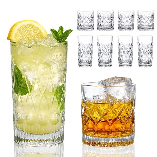 YULEER Drinking Glasses Set of 8, Glassware Drink Set, 4pcs 12oz Highballs and 4pcs 10oz Whiskey Glasses, Mixed Drinkware Easy to Clean for Whiskey, Cocktail, Margarita, and other Beverages