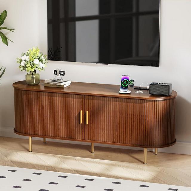 DHH 55 Inch Mid Century Modern TV Stand with Power Outlet for TVs up to 60 Inch, Entertainment Center with Storage and Adjustable Shelves, Media Console with Sliding Doors for Living Room(Walnut)