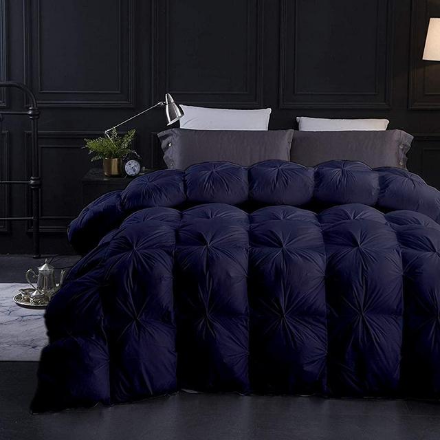 Navy Blue All Season Goose Down Pintuck Comforter- Oversized Queen Size 98 x 98 Inches 1 pc Pinch Pleated Duvet, 1000-TC 750-GSM with Corner Tabs 100% Egyptian Cotton- Hotel Navy Blue Solid