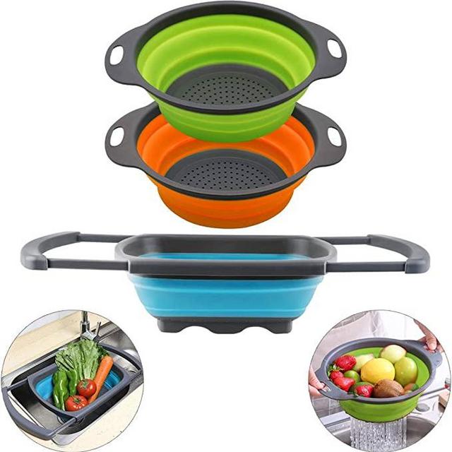 Qimh Collapsible Colander Set of 3 Round Silicone Kitchen Strainer Set - 2 pcs 4 Quart and 1 pcs 2 Quart- Perfect for Draining Pasta, Vegetable and fruit (green,blue, purple)