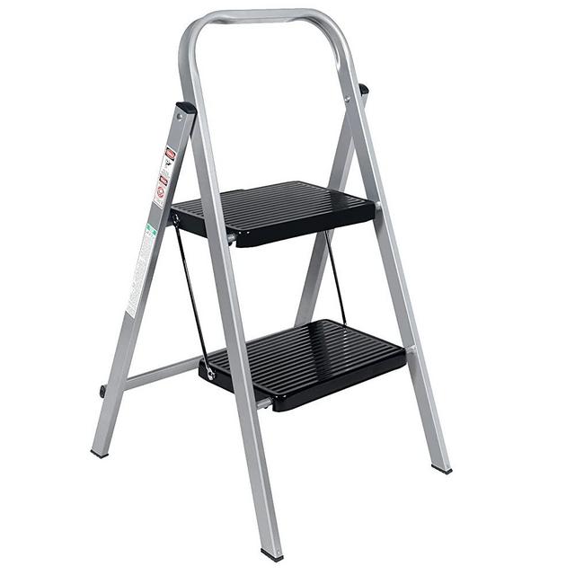 DEESWEY Step Ladder 2 Step Folding Step Stool with Anti-Slip Feet, Wide Platform Steps, 300-Pound Capacity, Sturdy and Portable 2 Step Ladder, Silver and Black