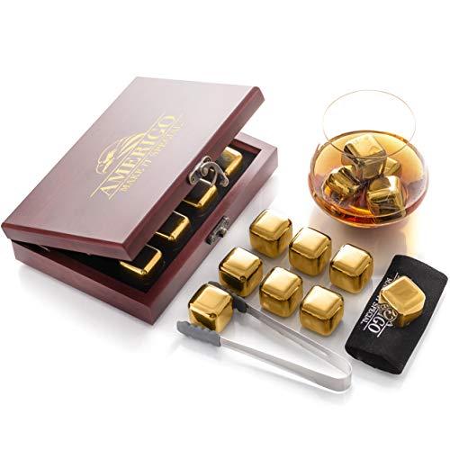 Amerigo Gold Stainless Steel Whiskey Stones Gift Set in Beautiful Wooden Box - Reusable Ice Cubes for Drinks - Bar Accessories - Whiskey Rocks - Whisky Gifts for Men - Chilling Stones + Ice Tongs