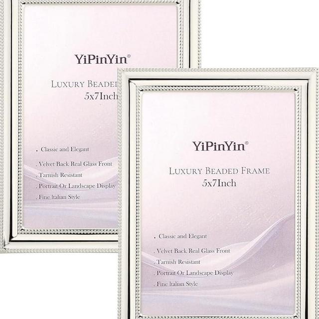 YiPinYin Classy Silver Plated 5x7''Photo Frame 2 pack,Classic 7x5'' Beaded Picture Frames,Real glass front and Velvet Backing,Perfect Gifts and Treasured Memories (Silver)