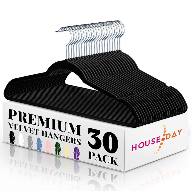 HOUSE DAY Premium Velvet Hangers 30 Pack Black, Non-Slip Flocked Felt Hangers, Sturdy Clothes Hanger with 360° Rotatable Hook, Heavy Duty Durable Slim Coat Hanger for Closet Space Saving