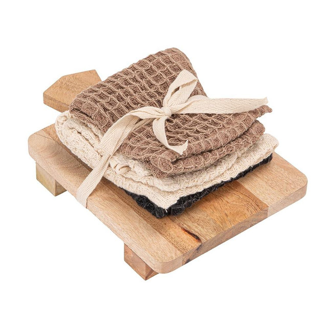 Creative Co-Op Stonewashed Cotton Waffle Weave Dish Cloths & Mango Wood Serving Board Set, Multicolor