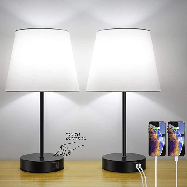 Touch Control Bedside Table Lamp Set of 2, Dual USB Charging Ports, 3 Way Dimmable Nightstand Lamp, 5000K Daylight White, TC Cloth Fabric Shade Modern Desk Reading Lamp for Bedroom Living Room