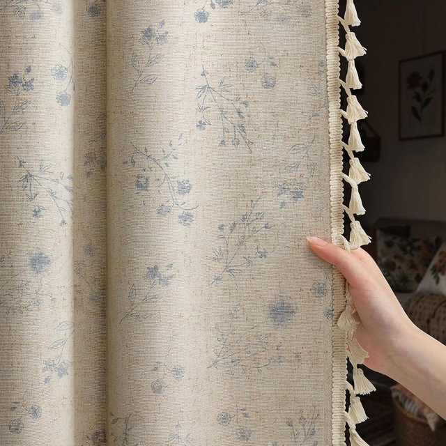 XOGUIBO Boho Floral Spring 100% Blackout Curtains 84 Inch Length 2 Panels Set, Linen Texture Farmhouse Curtains with Beige Tassel for Living Room Bedroom, Vintage Rustic Rod Pocket,Light Blue