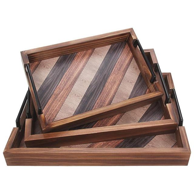 Butizone Wood Serving Tray with Handles, Rustic Nesting Serving Trays for Eating, Breakfast, Party, Kitchen, Tea Coffee Table, Ottoman and Home Decor, Decorative Serving Trays, Set of 3