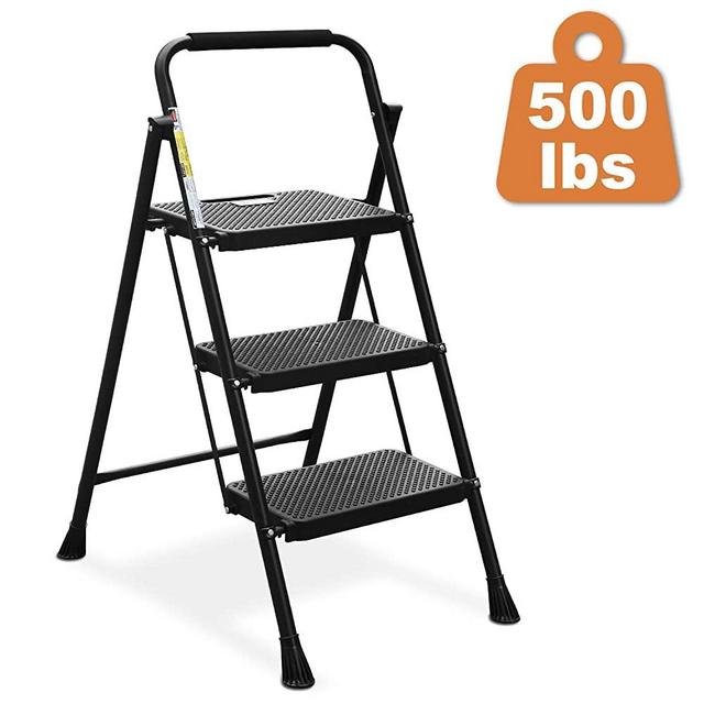 HBTower 3 Step Ladder, Folding Step Stool with Wide Anti-Slip Pedal, Sturdy Steel Ladder, Convenient Handgrip, Lightweight 500lbs Portable Steel Step Stool, Black