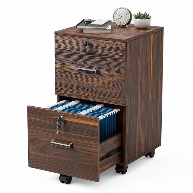 VINGLI 2 Drawer File Cabinet with Lock, Wood Dark Brown File Cabinet for Letter Size File Folders with Tabs, Under Desk Rolling File Cabinets for Home Office, Mobile Filing Cabinet Printer Stand