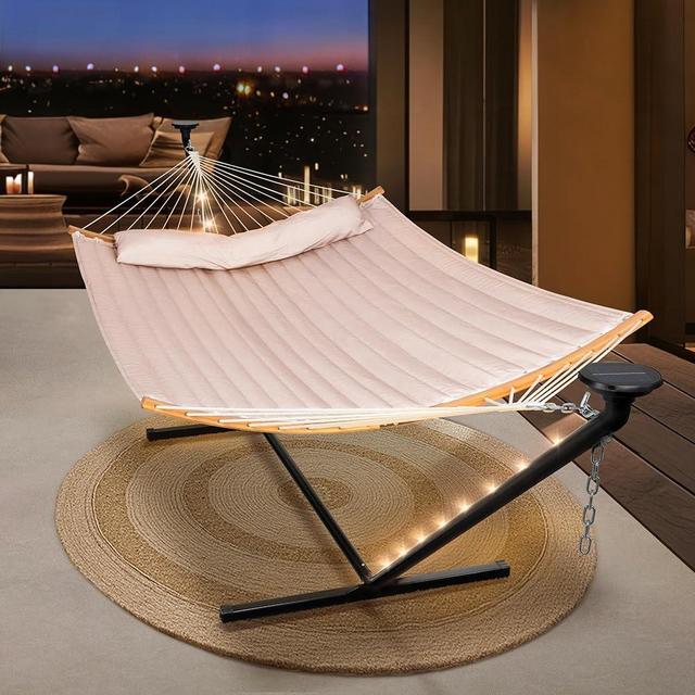 SUNCREAT Hammocks Outdoor 2 Person Hammock with Solar Powered Lights, Double Hammock with 12 ft Stand Included, Tan