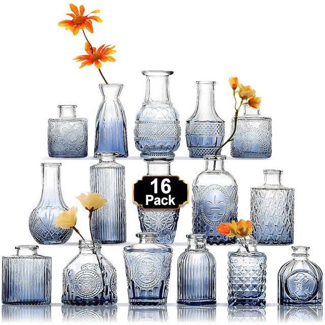 Arme 16 Pcs Bud Vases, Blue Vases for Centerpieces, Clear Glass Bud Vases Small Vases for Flowers, Mini Vase Flower Vase Set for Wedding Decorations, Room Office Table Decor