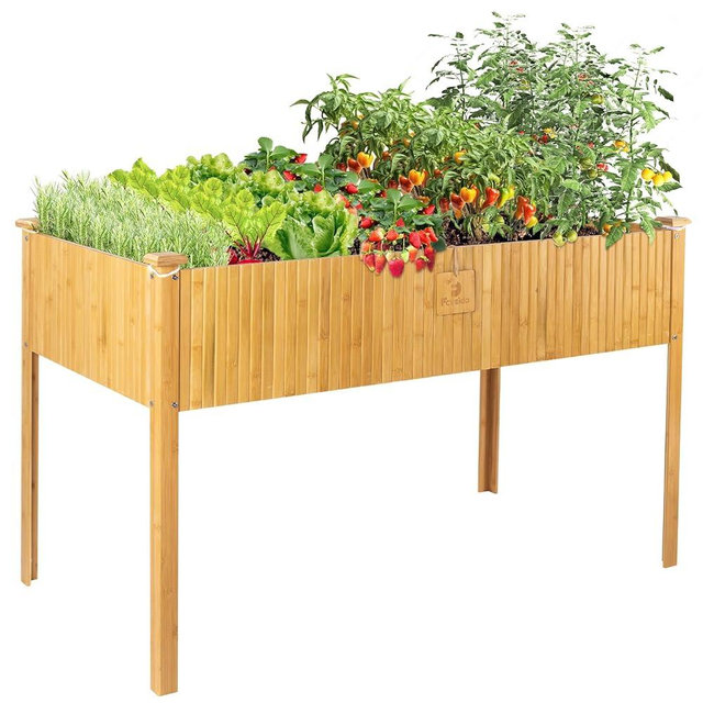 FCVEIDO Bamboo Raised Garden Bed, Raised Bamboo Garden Box, Raised Garden Bed with Legs. Standing Growing Bed for Growing Fresh Herbs, Vegetables, Succulents, Flowers (48x25x30 Inch)