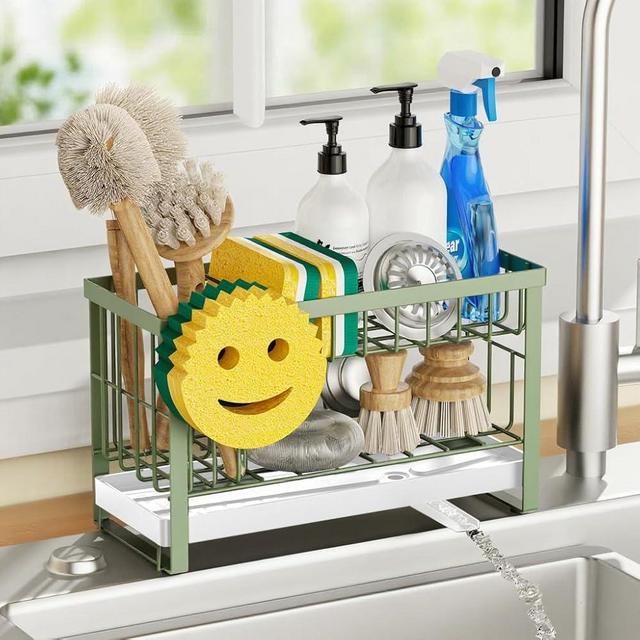 Taugast Sponge Holder for Kitchen Sink with Flexible Sink Caddy Smiley Face,2 Tier Kitchen Sink Organizer Countertop and Storage Essentials,Soap Dispenser Organize,Home Decor Accessories-Green