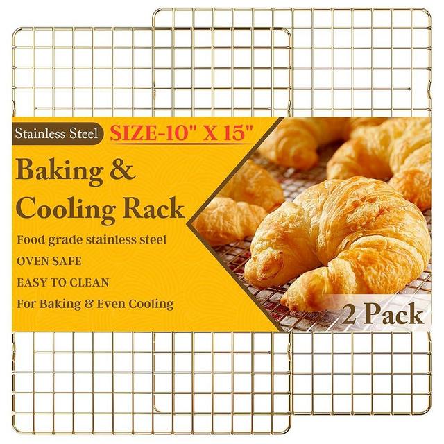 2-Pack Cooling Racks for Cooking and Baking - 10" x 15"Heavy Duty Stainless Steel Wire Rack for Baking, Grilling, Roasting - Oven & Dishwasher Safe - Fits Jelly Roll Sheet Pan（Gold）