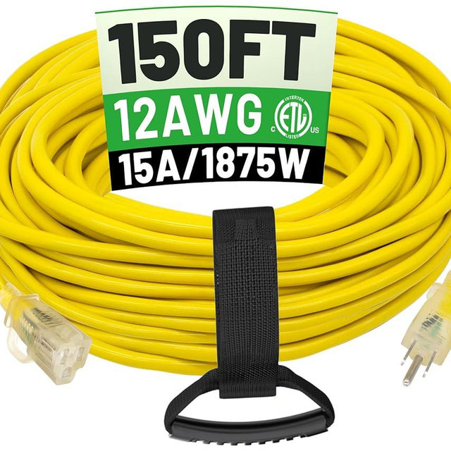 POWGRN 150 ft 12/3 Outdoor Extension Cord Waterproof Heavy Duty with Lighted Indicator End 12 Gauge 3 Prong, Flexible Cold-Resistant Long Power Cord Outside, 15Amp 1875W SJTW Yellow ETL Listed