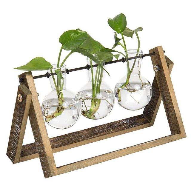 MyGift 3-Glass Planter Bulb Vases Hydroponic Plant Terrarium with Wood & Metal Swivel Stand