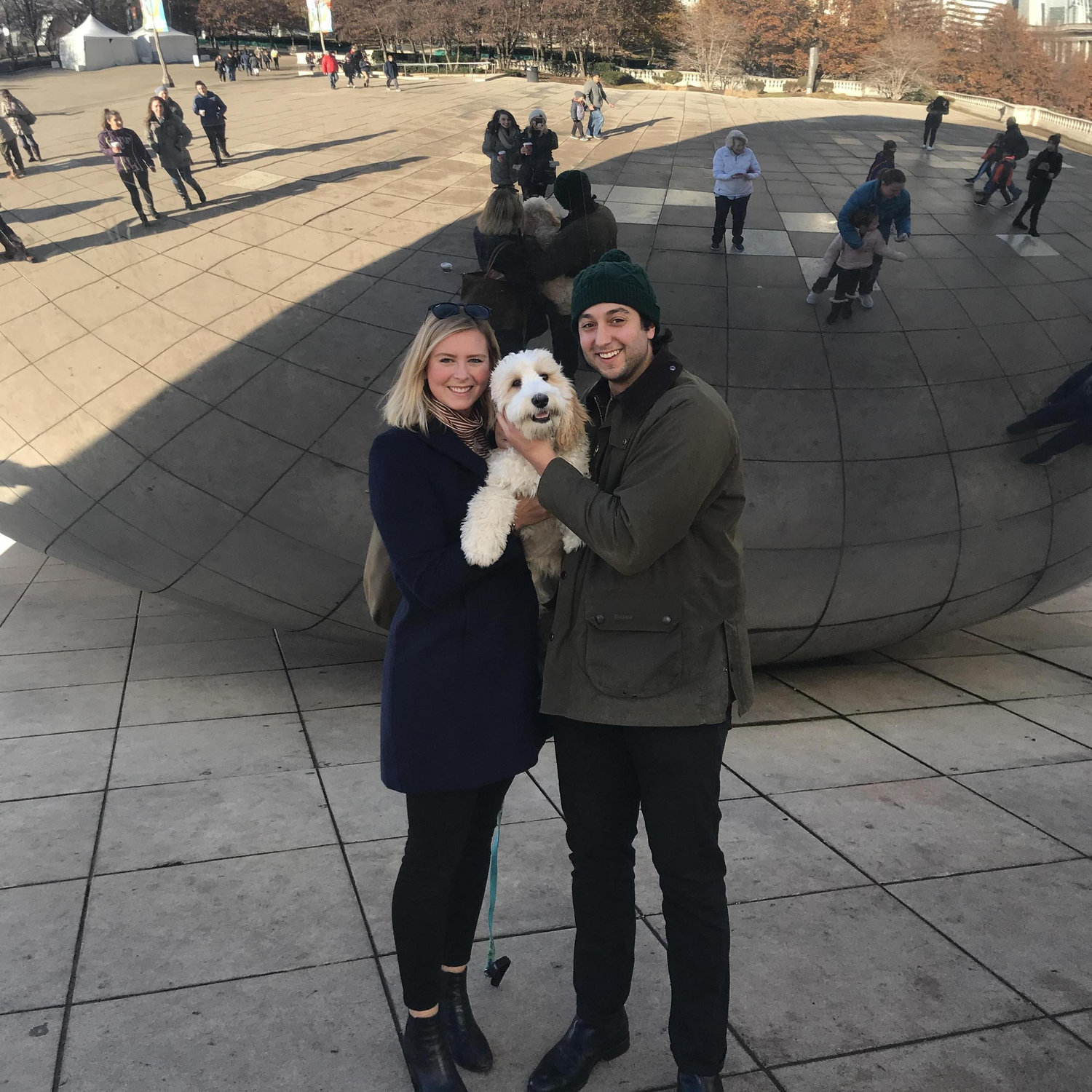 Farley's first trip to Chicago. This picture was snapped just before we got in trouble for brining a dog into the park!