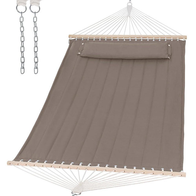 SUNCREAT Double Quilted Hammock with Hardwood Spreader Bar, Extra Large Soft Pillow, Heavy Duty 2 Person Hammock for Indoor, Outdoor, Brown
