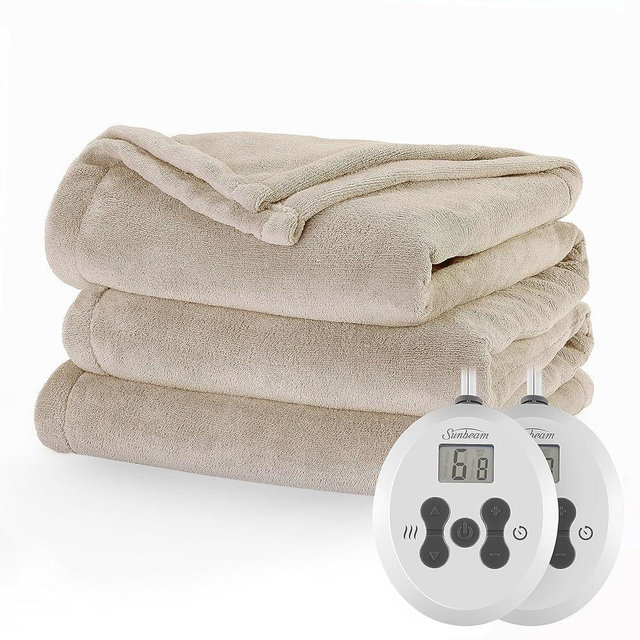 Sunbeam Royal Luxe Microplush Heated Electric Blanket Queen Size, 90" x 84", 12 Heat Settings, 12-Hour Selectable Auto Shut-Off, Fast Heating, Machine Washable, Warm and Cozy, Mushroom