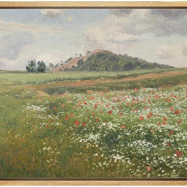 wall26 Framed Canvas Print Wall Art Red & White Flower Field Storm Cloud Landscape Nature Wilderness Illustrations Fine Art Farmhouse Floral Botanical Calm/Relax Cozy for Bedroom - 16"x24" Natural