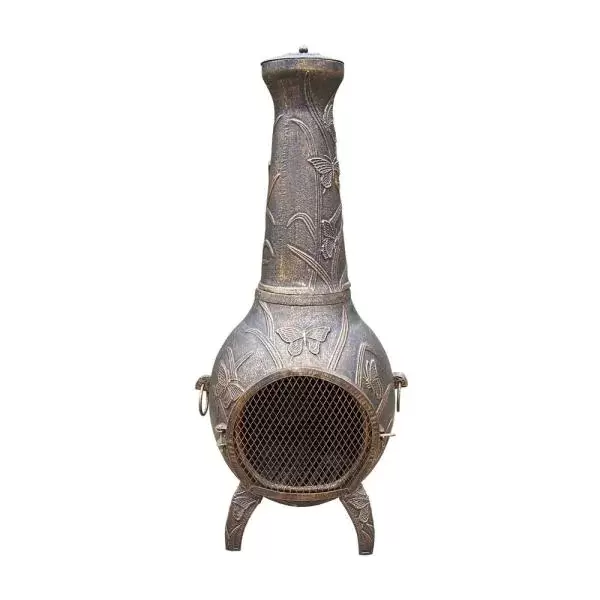 Butterfly Cast Metal 53 in. Tall Chimenea with Built-in Handles, Log Grate, Spark Guard Screen on Stack and Door