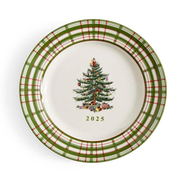 Spode Annual 2025 Collector Plate - Red & Green Plaid Border, Holiday Accent for Appetizers, Desserts & Display - 8 Inch Porcelain Plate, Microwave, Oven, Dishwasher & Freezer Safe