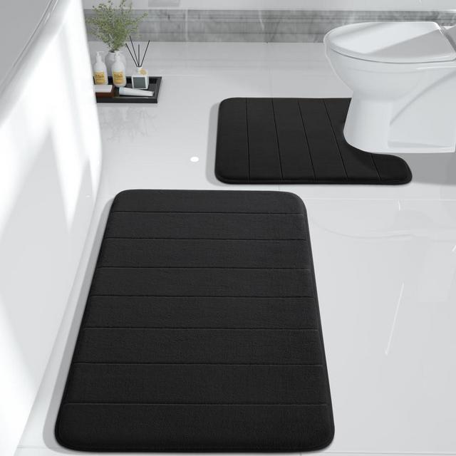 Yimobra Memory Foam Bath Mat Set, 2 Pieces Soft Bathroom Rugs,31.5x19.8 and 24x20.4 U-Shaped for Bathroom Rugs, Toilet Mats, Water Absorption, Non Slip, Thick, Dry Fast for Bathroom Floor Mats, Black