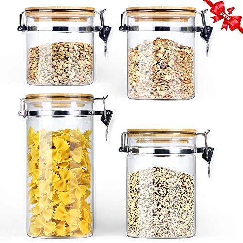 Glass Storage Jars with Airtight Locking Clamp Lids, Airtight Glass Canisters with Locking Lids, Glass Storage Containers with Bamboo Lid, Food Storage Containers, Glass Canister Sets, Set of 4