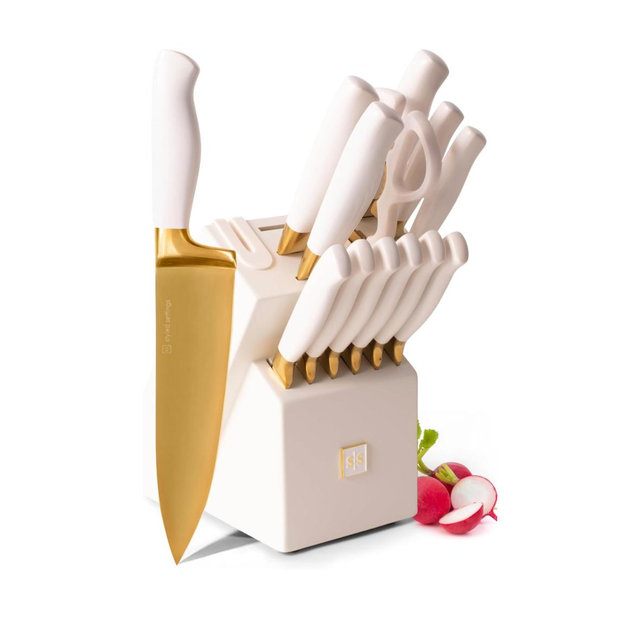 White and Gold Knife Set with Block - 14-Piece White Knife Set with Block and Built-In Sharpener – Titanium-Coated High Carbon Stainless Steel Blades - Gold Kitchen Accessories - Great for Gifting