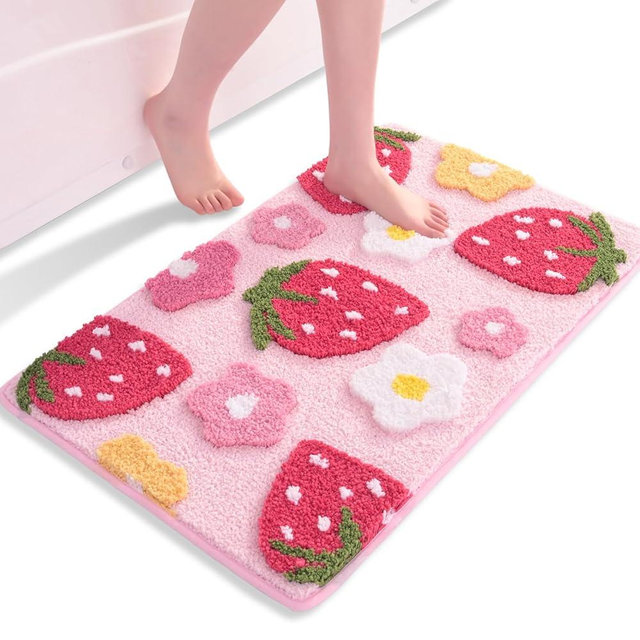 Anybar Pink Bathroom Rugs Cute Strawberry Flower Bath Mat Bathroom Accessories, Funny Colorful Non Slip Floor Bath Rug Machine Washable Bathmat Soft Microfiber Carpet for Shower, Bathtub (18x25 inch)