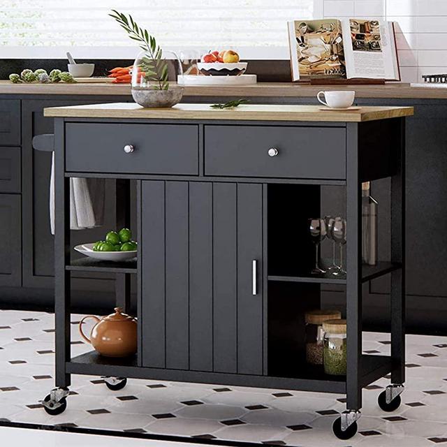oneinmil Rolling Kitchen Island Cart on Wheels, with Wood Top, Storage and Drawers, Small Portable 40 Inch, Black