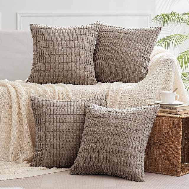 MIULEE Pack of 4 Corduroy Decorative Throw Pillow Covers 18x18 Inch Soft Boho Striped Pillow Covers Modern Farmhouse Home Decor for Sofa Living Room Couch Bed Light Brown