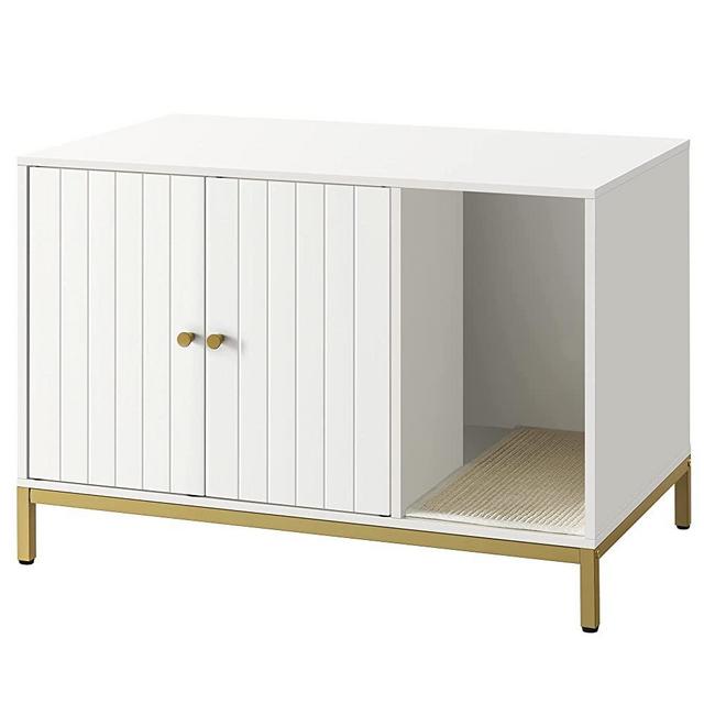 FEANDREA Litter Box Enclosure, Modern Cat Litter Box Furniture Hidden, with Scratching Mat, Tall Legs, Cat House for Indoor Cats, Side End Table, 31.5 x 19.7 x 21.7 Inches, White and Gold UPCL007W01