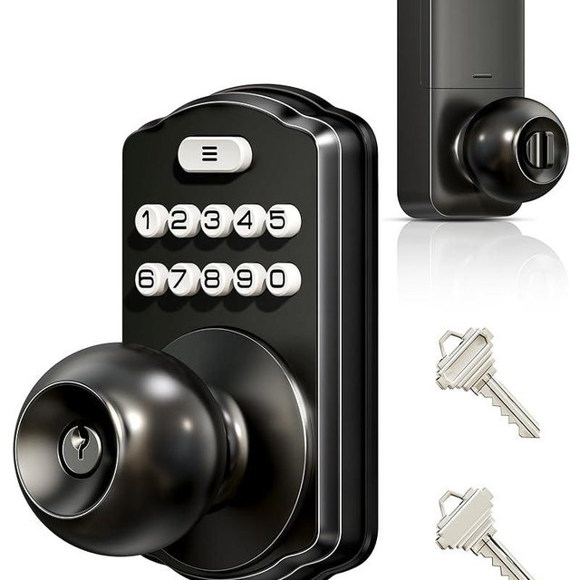 Veise Keypad Door Knob Lock, Keyless Entry Digital Lock with Handle, Electronic Knob for Front Door & Bedroom, Easy Installation, Auto-Locking, Passage Mode, Matte Black