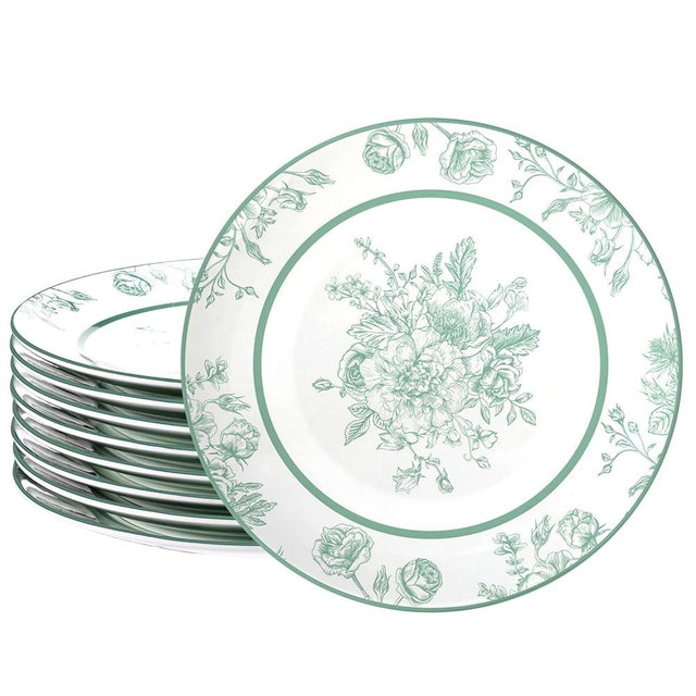 Jinei 8 Pcs Green Floral Salad Plates Dinnerware Set Chinoiserie Ceramic Round Dessert Serving Plates 8 Inch Dinner Serving Tableware for Kitchen, Microwave Oven Dishwasher Safe