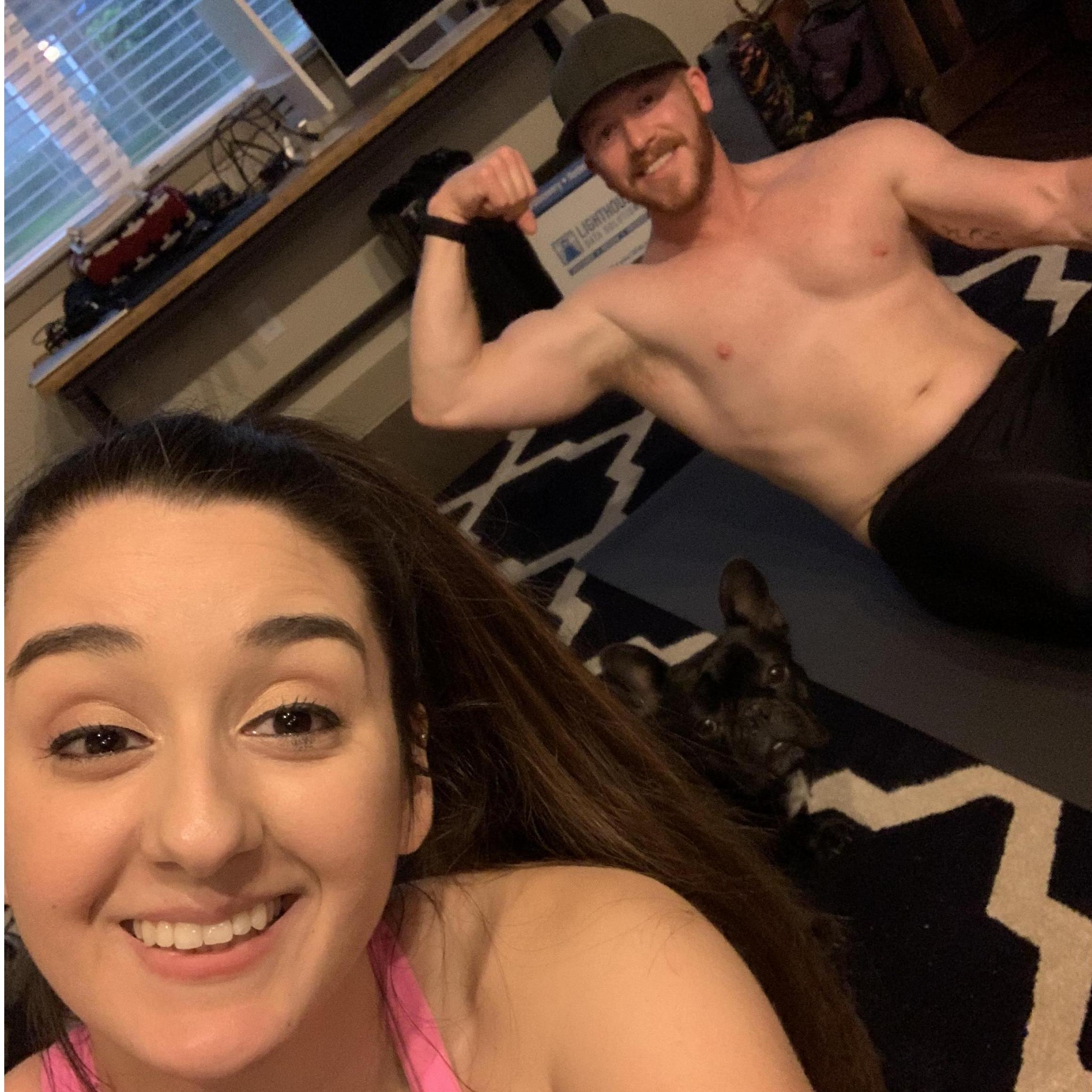We "quarentined" together during the pandemic and had to get workouts in at home. Louie always joined the activity.