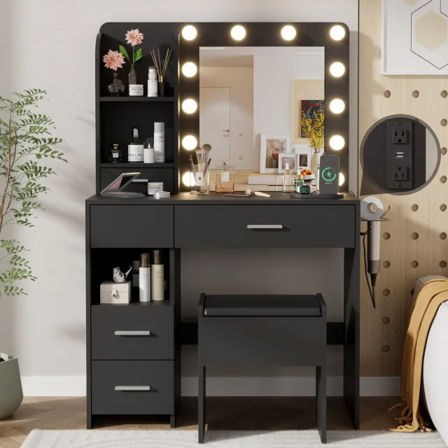 35" Black Vanity Desk with LED Lighted Mirror, 3 Lighting Colors Makeup Vanity Desk with 5 Large Drawers and 3 Storage Shelves
