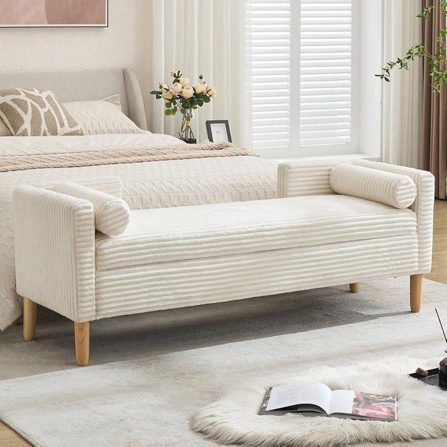 NIOIIKIT 65" Large Storage Ottoman Bench with 2 Pillows, Corduroy Upholstered Entryway Bench with Wood Leg, End of Bed Bench with Straight Armrest, Window Bench for Bedroom, Entryway (White)