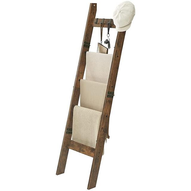 Hzuaneri Blanket Ladder - for Bedroom, Decorative Wood Quilt Rack with 4 Removable Hooks, 5-Tier Farmhouse Ladder Holder Organizer for Bathroom Living Room, Rustic Brown and Black