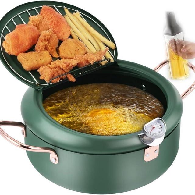 Stainless Steel Deep Fryer Pot with 4 sets, Reduced Splashing Grate Japanese Tempura Thermometer Frying Pot (Deep Fryer+Chopsticks+Oil-Bottle)