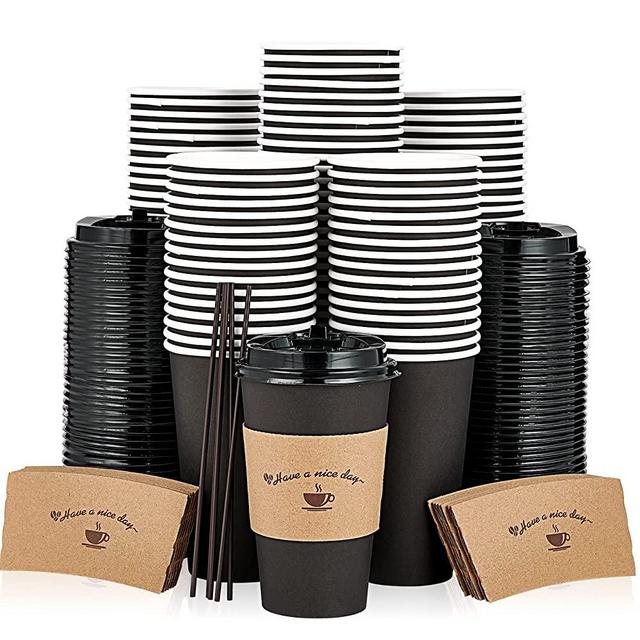 100 Pack 16 oz Paper Coffee Cups, Drinking Cups for Cold/Hot Coffee Chocolate Drinks, Disposable Coffee Cups with Lids, Sleeves and Stirring Sticks, Black Hot Coffee Cups for Home, Stores and Cafes.