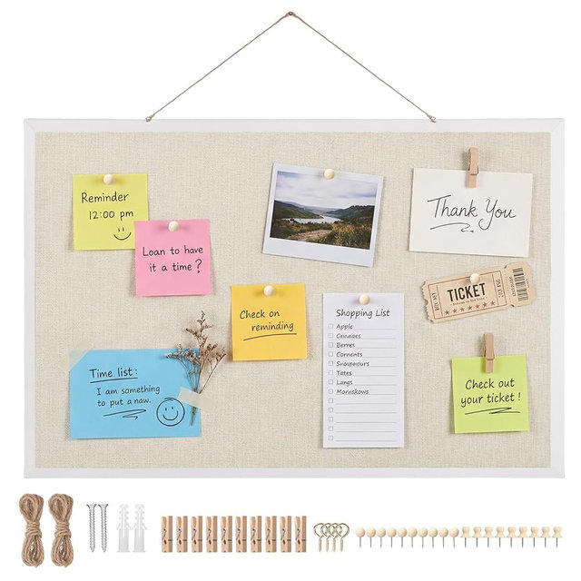 Thboxes Cork Board with Linen, 24" x 18" Double-Sided Bulletin Board Corkboard for Wall Picture Display Framed Vision Boards for Home Office School Pin Boards with 20 Pushpins &10 Clips