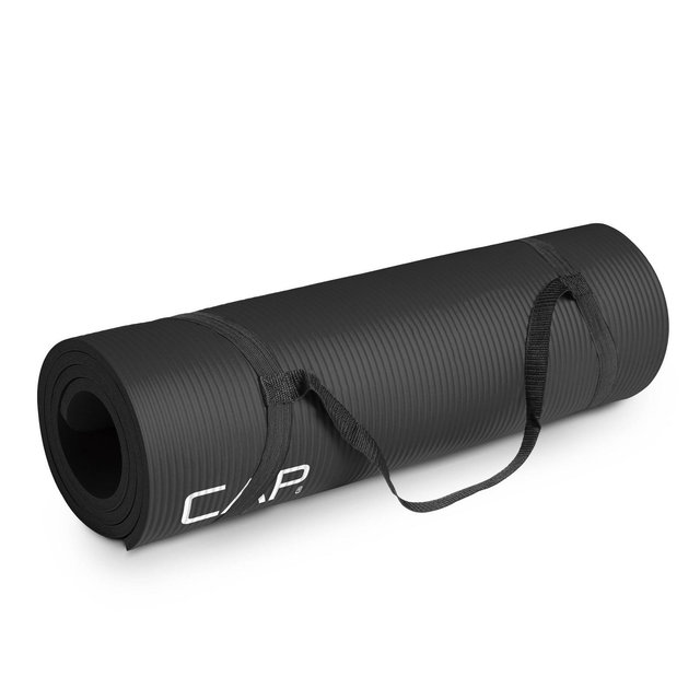 CAP Barbell High Density Exercise Yoga Mat with strap 68" x24" 12mm - Black