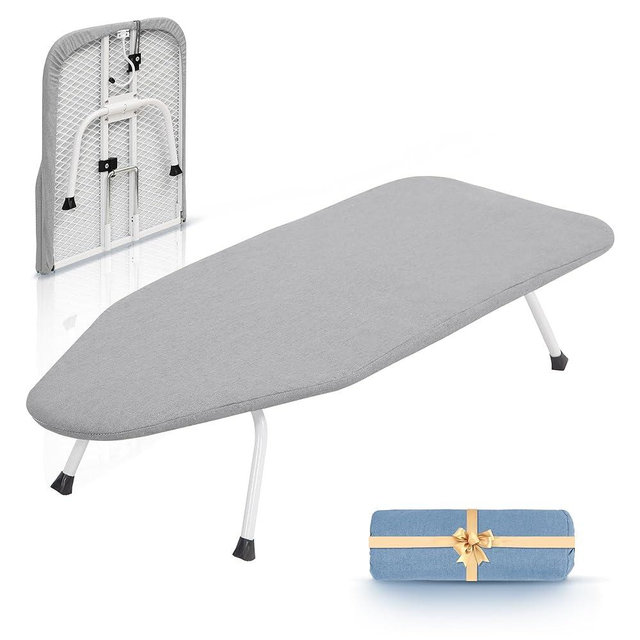 STORAGE MANIAC Tabletop Ironing Broad, All Iron Mini Folding Ironing Broad with 2 Removable Cover, Portable Small Ironing Broad with 7 mm Thick Pad for Laundry Room, Apartment, Dorms - Silver & Blue